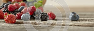 Mixed berry fruits scattered on a wooden desk