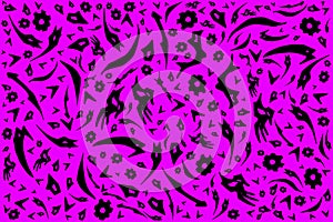 Mixed black shapes and patterns on fuchsia background for design material or print