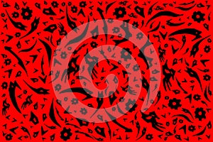 Mixed black shapes and patterns on red background for design material or print