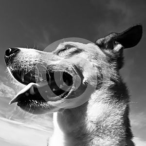 Mixed breed dog 33 face close-up against blue sky