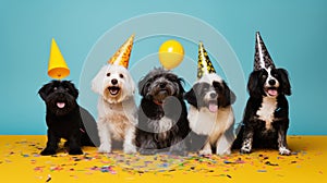Mixed breed dogs with party confetti