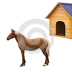 Mixed breed horse standing, old wooden dog house