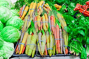 Mixed of cabbage, rainbow carrots, spinach and radishes at food store in America