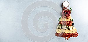 Mixed cheese and meat snacks of Christmas tree. Appetizers or antipasto set with gourmet food. Long banner format. top view