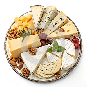 Mixed cheese platter isolated on white background