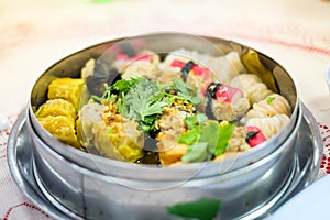 Mixed chinese steamed dumpling dim sum, crab stick, ha gow, se