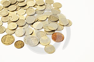 Mixed coin stacks on a white background