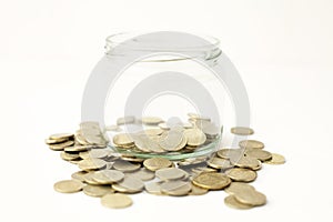 Mixed coin stacks on a white background