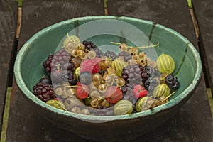 Mixed color garden fruit on wooden brown table and orange and green dish