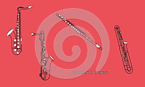 Mixed color line, shape or outline forms of musical instruments as  saxophones, sax, bassoon and flute woodwind quartet in black c