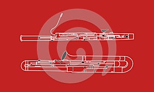 Mixed color line shape or outline of musical instrument Bassoon and Contrabassoon duet in white contour illustration