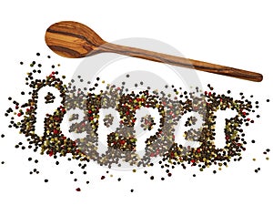 Mixed colored dried peppercorns with wooden spoon isolated on white background show the word ,,Pepper,,