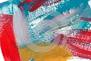 Mixed colors acrylic texture background. Hand drawn red, yellow and blue smears, brush strokes abstract backdrop.