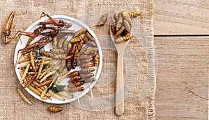 Mixed of crispy worm and insects in a ceramic plate with chopsticks on a wood table. The concept of protein food sources from