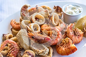 Mixed deep-fried fish, shrimp and squid platter