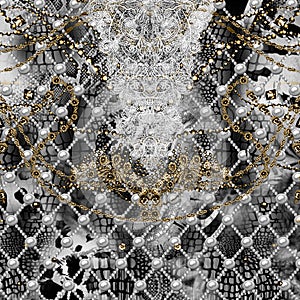Mixed Design of Golden Jewlery and Lace on Animals Skin Background Ready for Textile Prints.