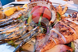 Mixed dish of grilled Greek fish