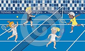 Mixed doubles tennis. One boy and one girl per team playing on tennis court