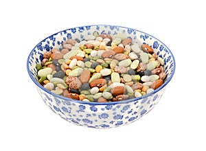 Mixed dried beans in a blue and white china bowl