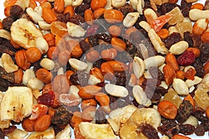 Mixed dried fruit and nuts.