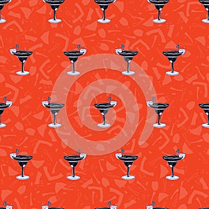Mixed Drinks Cocktails Glass Seamless Vector Pattern, Drawn Bar Illustration