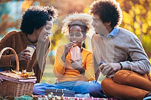 Mixed family having fun while picnicking in the park