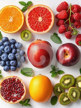 Mixed fresh berries and fruits on white.AI generated