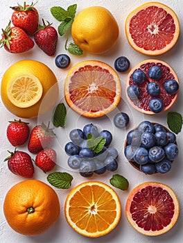 Mixed fresh berries and fruits on white.AI generated