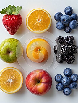 Mixed fresh berries and fruits on white.AI generated
