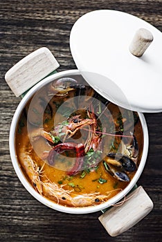 Mixed fresh creamy spicy seafood soup