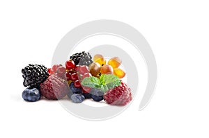 Mixed of fresh fruits and berries isolated on a white background. Ripe blueberries, blackberries, red currants, grapes, raspberrie