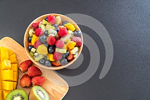 mixed fresh fruits (strawberry, raspberry, blueberry, kiwi, mango)