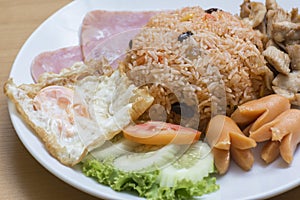 Mixed Fried Rice on Wooden Table.
