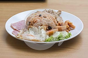 Mixed Fried Rice on Wooden Table.
