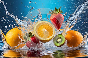 mixed fruits falling into water, with splashes, freshness, Generated image