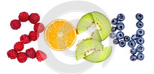 Mixed fruits. New year 2024 made of fruits on the white background