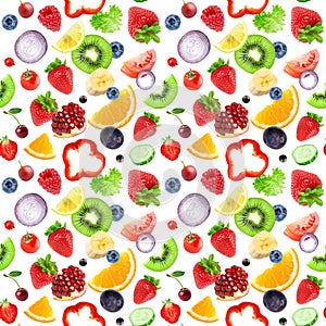 Mixed fruits and vegetables. Seamless pattern.