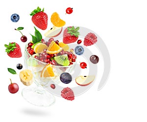 Mixed fruits on white background. Fruit salad. Falling fruits