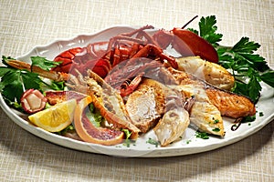 Mixed Grilled Fish with Lobster on White Plate