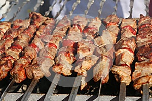Mixed grilled meat platter. Assorted delicious grilled meat. The closeup of some meat skewers being grilled in a barbecue. grilled