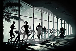 Mixed group of men and women of different ages in inclusive gym, fitness studio. Silhouettes of active sporty people on gym