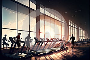 Mixed group of men and women of different ages in inclusive gym, fitness studio. Silhouettes of active sporty people on gym