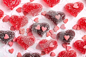 Mixed heart shaped marmalade, candy jellies sprinkled with sugar crumbs