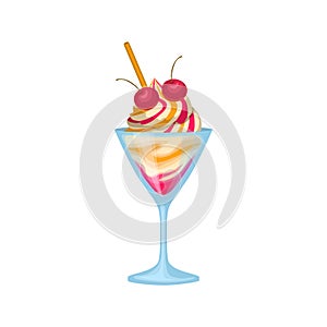 Mixed ice cream with cherry in bowl icon