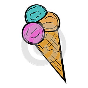 Mixed ice cream scoops in cone icon cartoon