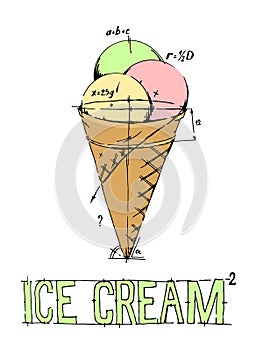 Mixed ice cream scoops with cone on white background