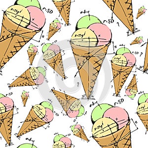 Mixed ice cream scoops with cone on white background