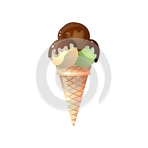 Mixed ice cream scoops in waffle cone isolated on white background
