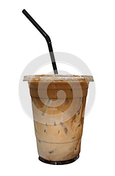 Mixed iced coffee and chocolate in plastic cup isolated on white