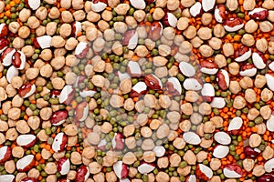 Mixed legumes background top view, healthy and nutritious.